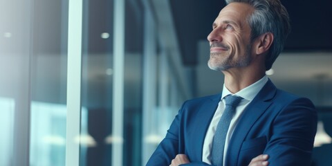 Poster - A man in a suit and tie standing in front of a window. Suitable for business and office concepts