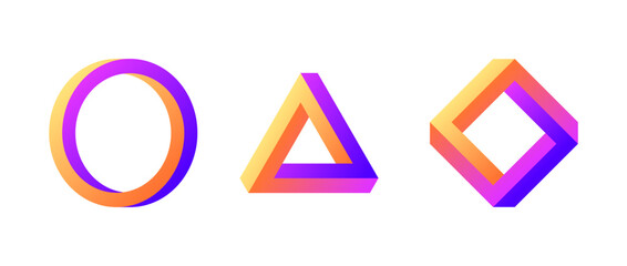 Poster - Impossible shape set. Colorful optical illusion circle, square, triangle. Gradient mobius strip collection. Abstract unreal geometric forms. Puzzle design elements for logo, icon, label, tag. Vector