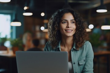 Poster - A woman sitting in front of a laptop computer. Suitable for business and technology concepts