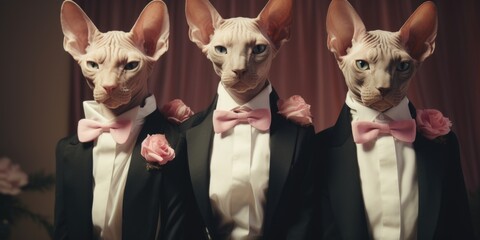 Poster - Three cats dressed in formal tuxedos and bow ties. Great for fashion or animal-themed designs