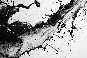 Poster - essence of black water in motion, with intricate droplets forming dazzling splashes against a white backdrop