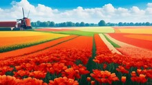 Field Of Flowers And Sky, A Bright Red Poppy Field Under A Blue Sky