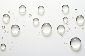 Poster - group of water droplets delicately floating on a pristine white surface, reflecting light and creating an ethereal aura