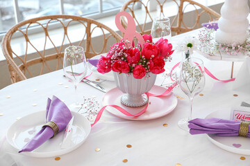 Sticker - Elegant table setting with beautiful tulips for International Women's Day celebration