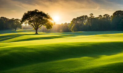 Wall Mural - wide lawn trimmed with precision under a sunset sky