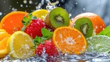 Fototapeta Łazienka - Fresh Fruits Falling with water Splash, reflection, cutout. Orange, grapefruit juicy citrus slice mix fly splashing, realistic, detailed. Grocery product package, advert