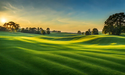 Wall Mural - wide lawn trimmed with precision under a sunset sky