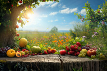 Beautiful Summer Background With Lots Of Fresh Summer Fruits On Wooden Table On Summer Beautiful Nature Background With Sun Rays In The Background

