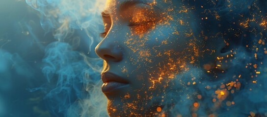 Poster - Vibrant and ethereal, a woman's face glows with warm orange and yellow particles, creating a mesmerizing portrait of art and beauty