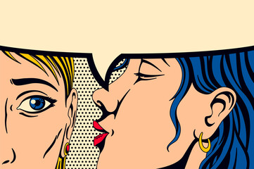Wall Mural - Gossip girl whispering in ear secrets. Comic book panel in pop art style. Rumor or word-of-mouth concept. Emotional pretty woman trying to tell or announcing secret message. Color  illustration