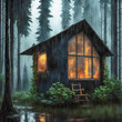 Secluded wooden house in the forest. It's raining. Outdoor recreation, eco-friendly housing