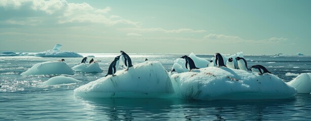 Wall Mural - amidst the icy expanse of antarctica, penguins gather on the ice, creating a scene of natural wonder