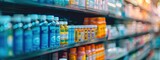 Fototapeta  - A drug store with medicine bottles lined up beautifully on the shelves. on a blurred background Concept of selling medicines, medical supplies, dietary supplements, medical equipment