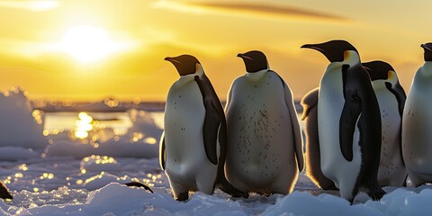 Wall Mural - a gathering of penguins in antarctica, clustered on the icy expanse, embodying the resilience of wil