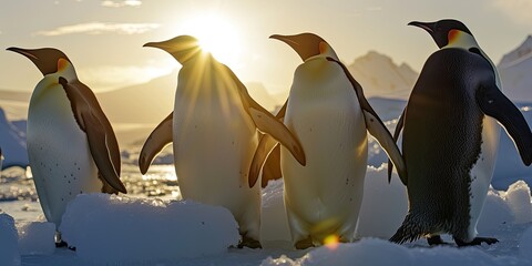 Wall Mural - a gathering of penguins in antarctica, clustered on the icy expanse, embodying the resilience of wil