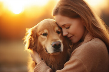 Poster - Generative AI picture of happy beautiful lovely woman hugging her lovely animal