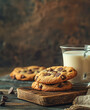 An aesthetic home treat, delicious sweet chocolate cookies dessert with a glass of warm milk. Homemade cookies directly from the oven on the table, serving for the whole family.