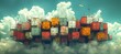 A fleet of shipping containers hovers amidst the ethereal clouds, a modern marvel of outdoor cargo suspended in the boundless sky