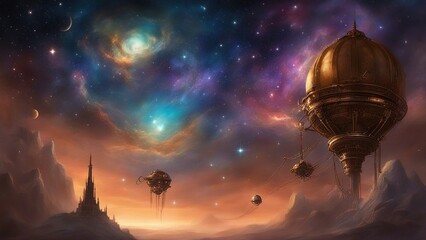 Wall Mural - ufo in space   steampunk,    Deep space nebula with stars 