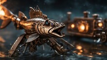 _a Steampunk     A Dynamic Scene Of A Steampunk Redfish, With Wires, Rockets, And Guns, Fighting  