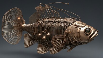 fish in aquarium _a steampunk      A dynamic scene of a steampunk crucian carp fish, with wires, propellers, and guns  