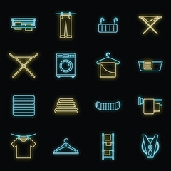 Sticker - Tumble dryer machine icons set. Outline set of tumble dryer machine vector icons neon color on black