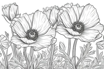 Coloring book flowers doodle style black outline.