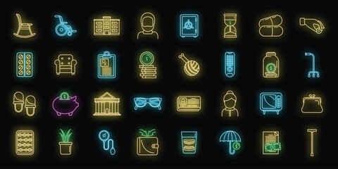 Sticker - Retirement plan icons set. Outline set of retirement plan vector icons neon color on black