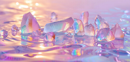 Sticker - An elegant display of rainbow opaque crystals floating, with light reflections on water, against a soft lilac background for a minimalist aesthetic