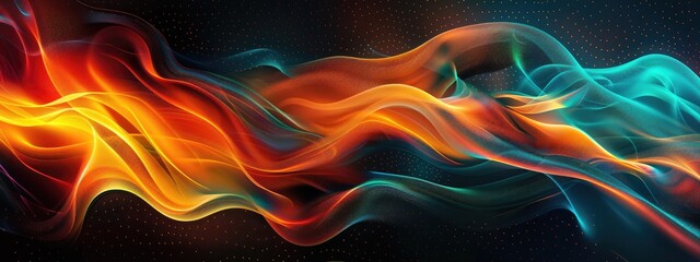 Wall Mural - background wave flow cover party poster design modern colors. vibrant rainbow orange blue teal white grainy gradient color flow wave on black 