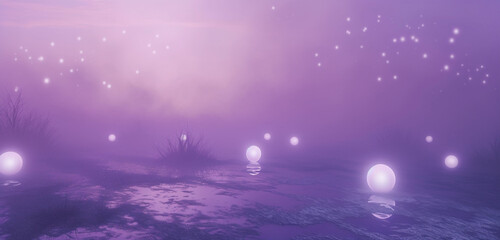 Sticker - An ethereal plane with floating, luminescent orbs casting soft light on a ground of misty lavender