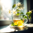 Tea with lemon in a cup by the window with flowers
