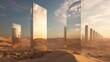 mirror sculptures in the desert, geometric shapes
