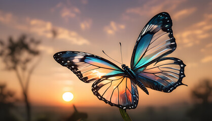 Aufkleber - beautiful tropical transparent butterfly against sunset background	