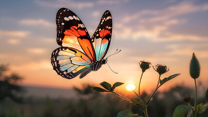 Aufkleber - beautiful tropical transparent butterfly against sunset background	