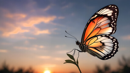 Aufkleber - beautiful tropical transparent butterfly against sunset background	
