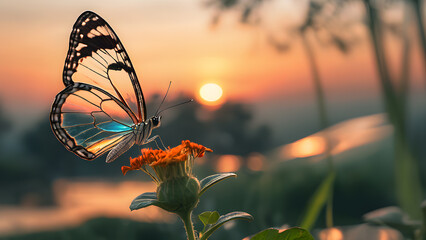 Aufkleber - beautiful tropical transparent butterfly against sunset background	