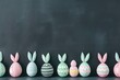 Happy Easter Eggs clean slate. Bunny hopping in flower decorative lighting decoration. Adorable hare 3d bunny rug rabbit illustration. Holy week Turquoise Sea card Passover