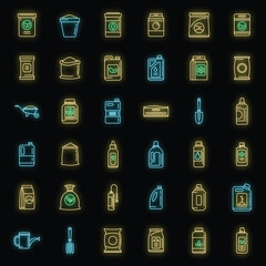 Sticker - Bio fertilizer icons set. Outline set of bio fertilizer vector icons neon color on black