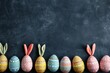 Happy Easter Eggs caption space. Bunny hopping in flower stepchildren decoration. Adorable hare 3d easter basket fillers rabbit illustration. Holy week easter dinner card Jade