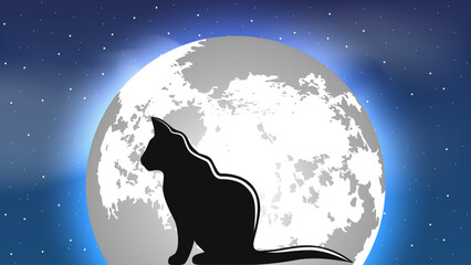 Wall Mural - a black cat sits against the background of a bright moon in the night starry sky.