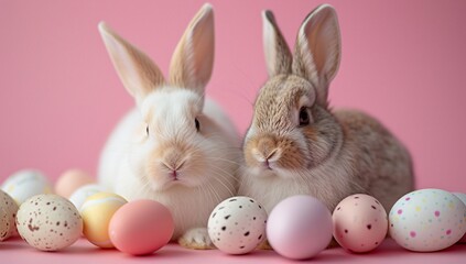 Wall Mural - Two cuddly domestic rabbits share a sweet moment together, surrounded by colorful easter eggs, representing the warmth and joy of the holiday season