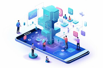 Wall Mural - Business people touch laptop user interface with Computer technology concept isometric illustration background