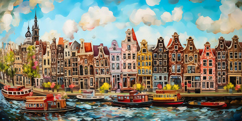 Wall Mural - Amsterdam. Horizontal illustration. Colorful houses on the canal embankment in Amsterdam.