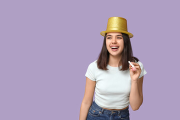 Wall Mural - Beautiful young happy woman in funny disguise with whistle on purple background. April fool's day celebration