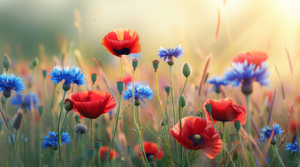 Wall Mural - Red poppy and blue cornflowers on a field. Natural banner.