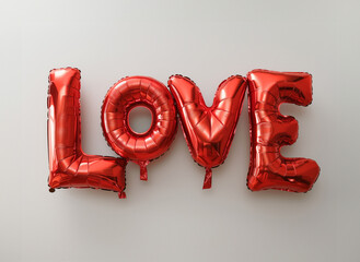 The word Love made of inflatable red balloons, isolated on white background