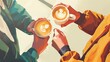 The image depicts a close-up scene where two individuals appear to be engaged in a friendly toast or celebration with their cups of coffee. The hands of each person are holding the cups, which are ado