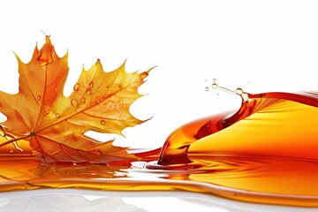flowing maple syrup with maple leaf.