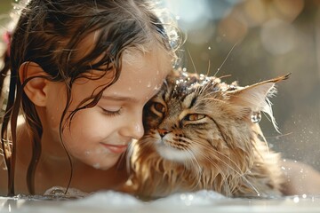 Girl washing cat in the bath.